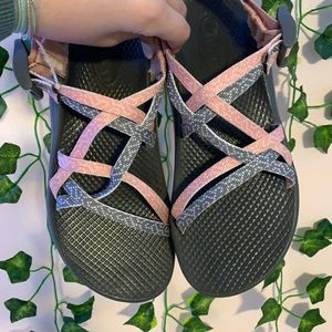 Pink and grey Chacos